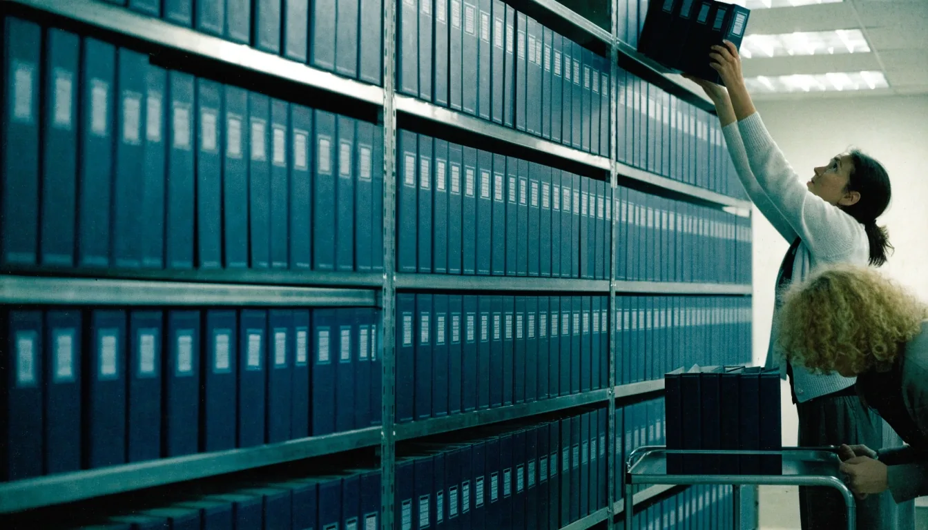 A shelf run of identical unmarked policy binders in a records reading room, one pulled slightly outward