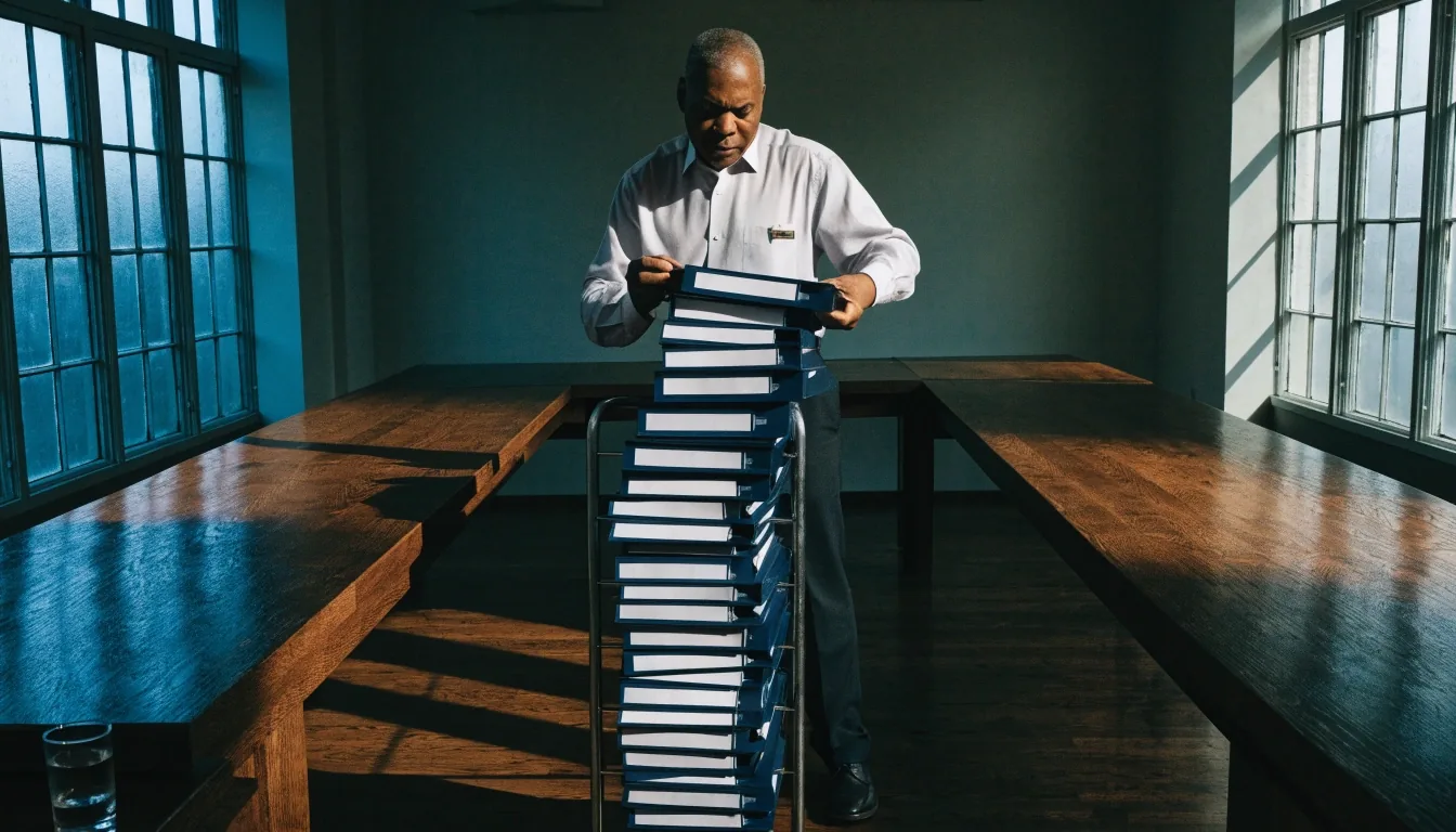 A documentation editor's desk with loose-leaf policy binders open under afternoon window light