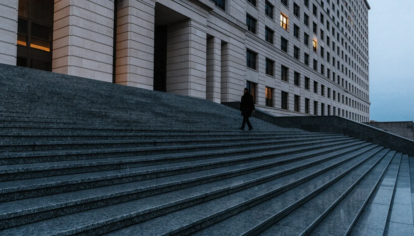 A pale limestone federal office building at dusk with warm light in a few windows