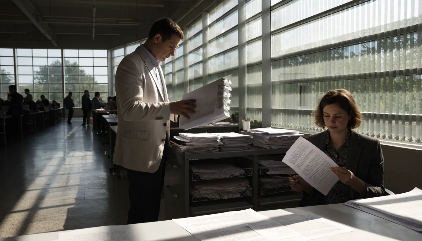 Two documentation reviewers comparing printed policy drafts at a long table by a bright window