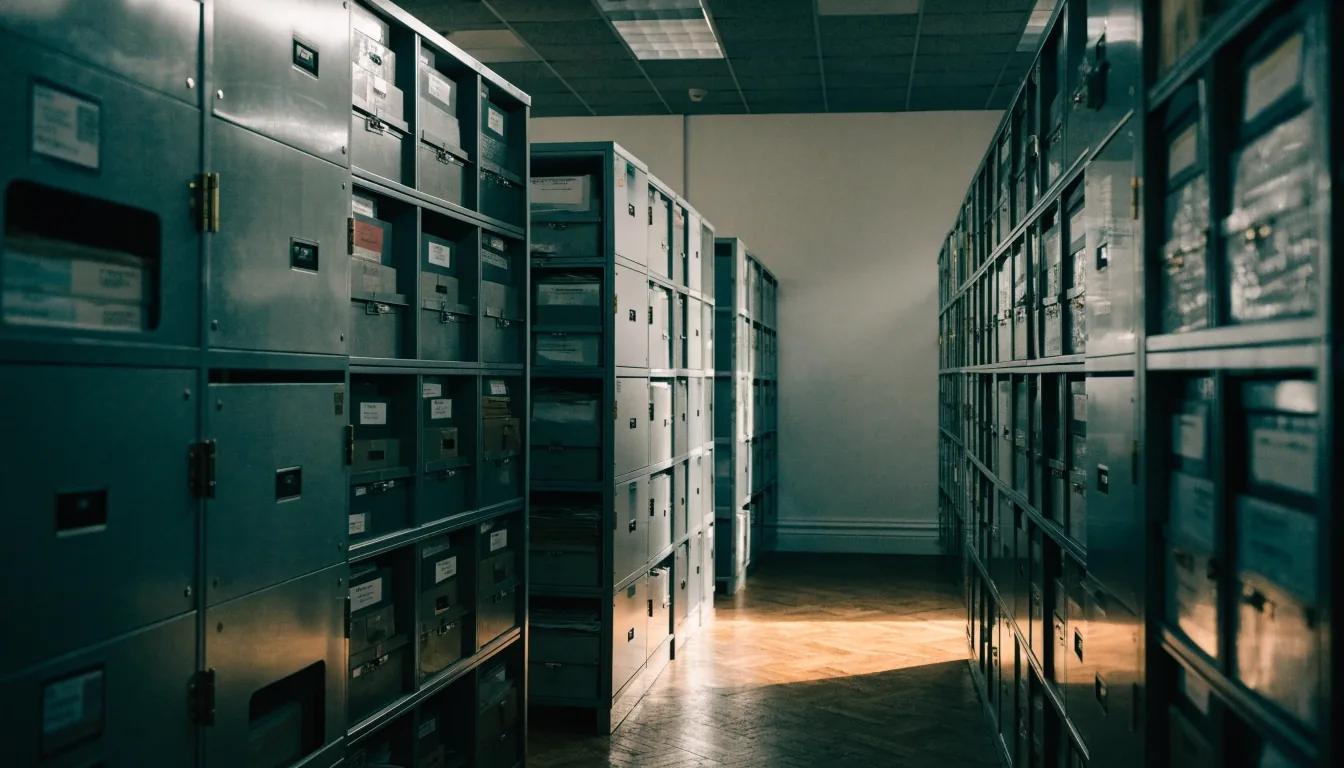 A quiet agency records room after hours with a lit desk lamp above an open document tray.