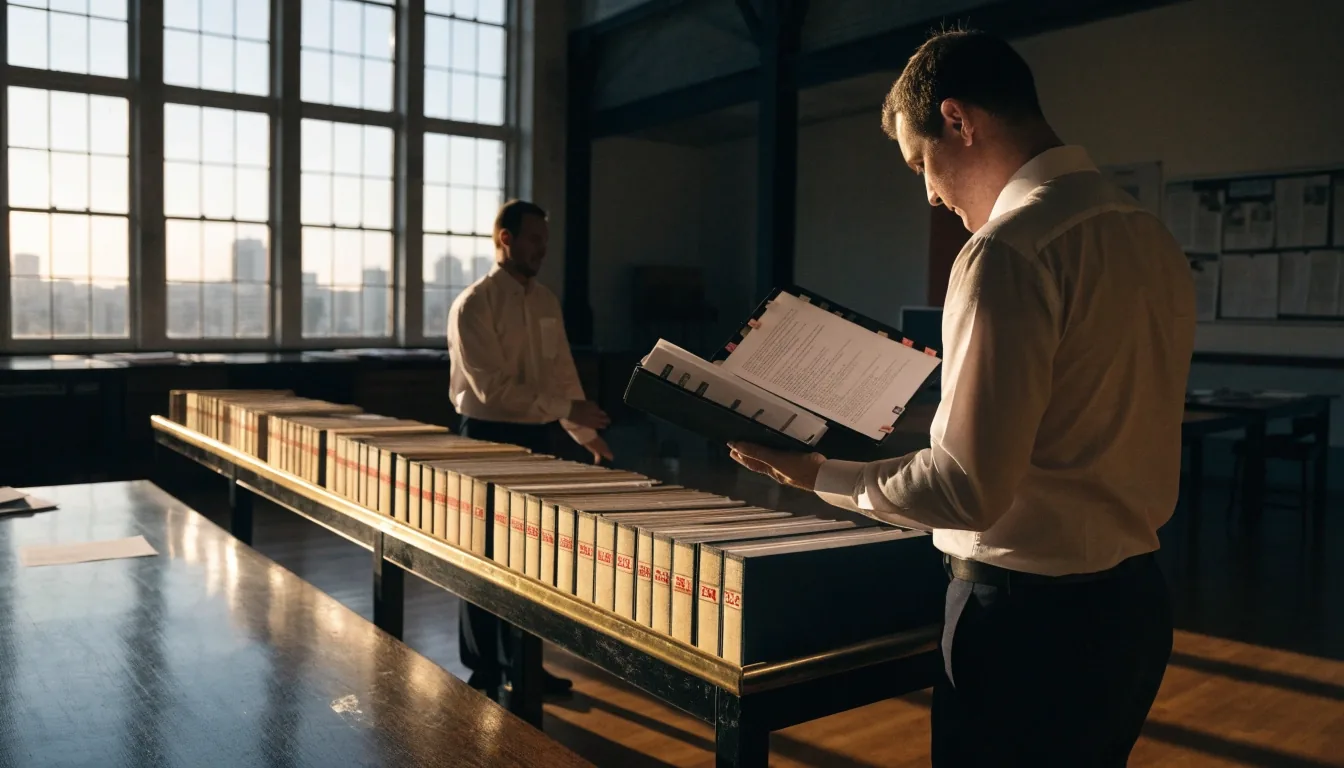 Two agency staff members reviewing printed policy documents at a long table in a daylight reading room.