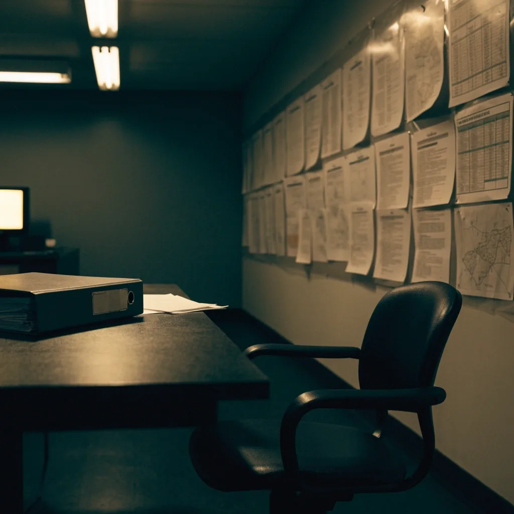 A quiet policy documentation office with a closed binder and empty chair at evening