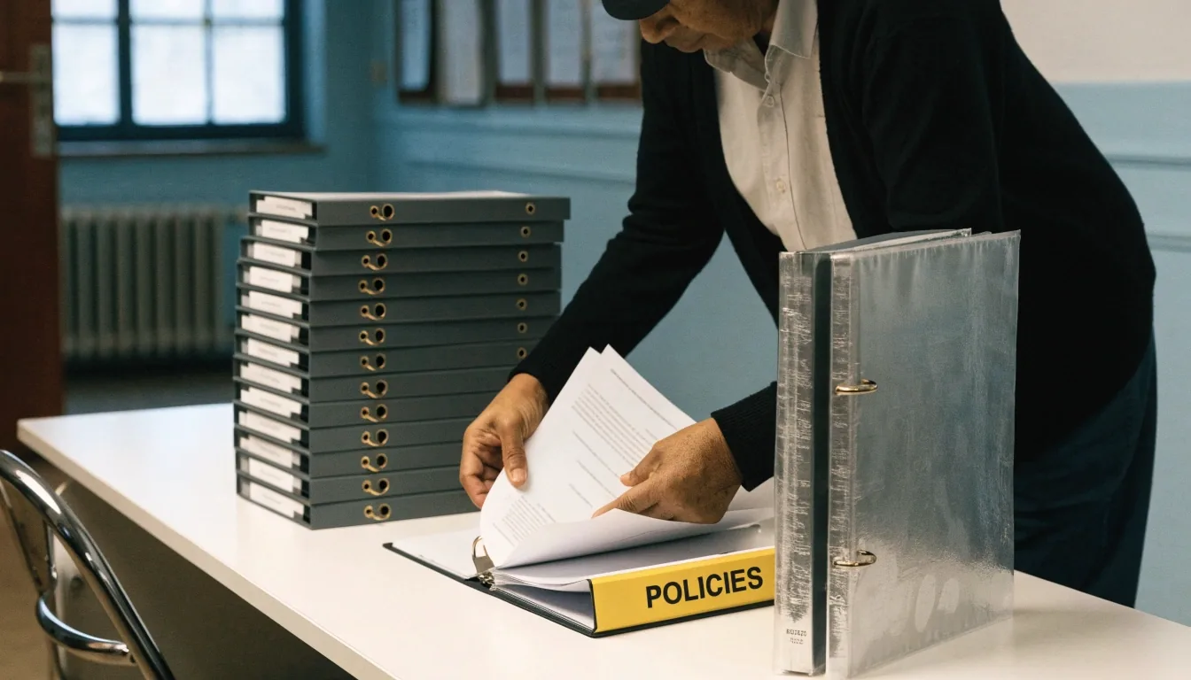 A records officer filing loose pages into labeled binders at a bright policy office desk