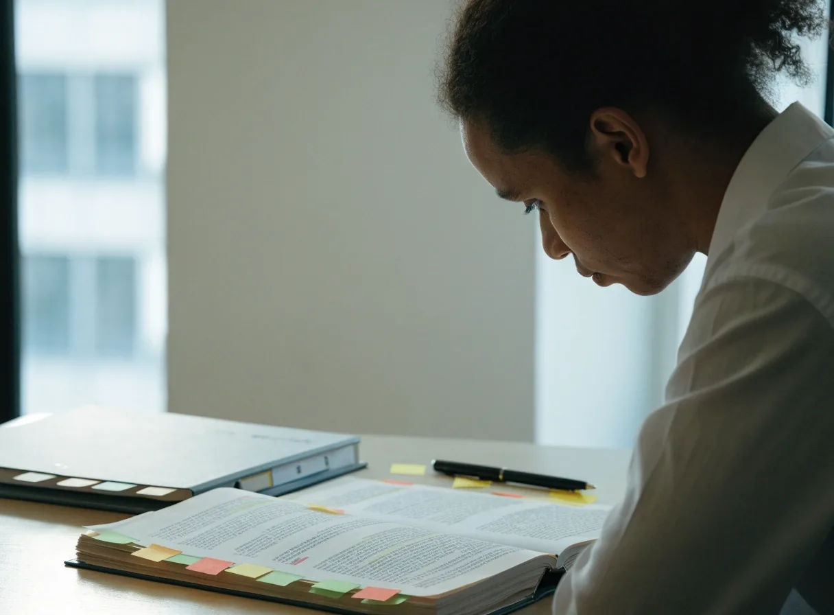 Compliance reviewer comparing two bound policy manuals side by side at a table