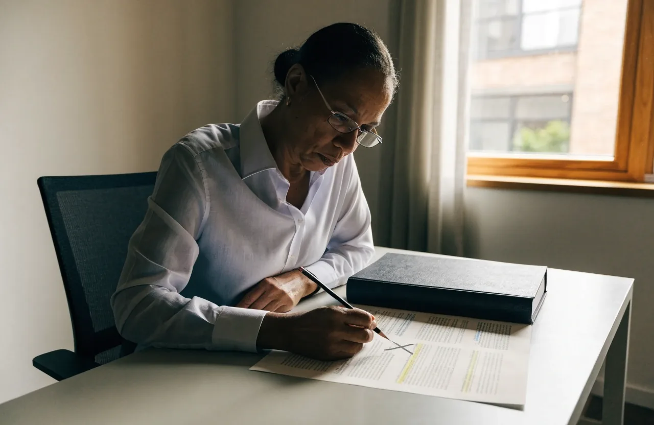 Editor reviewing a printed policy draft beside a bound policy volume at a plain desk