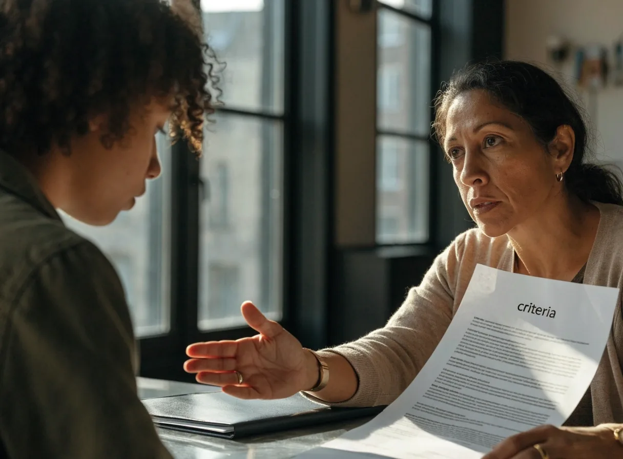 Eligibility officer explaining a short decision list to an applicant across a desk