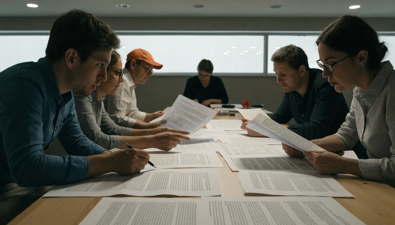 Policy team reviewing printed draft pages together around a long meeting table