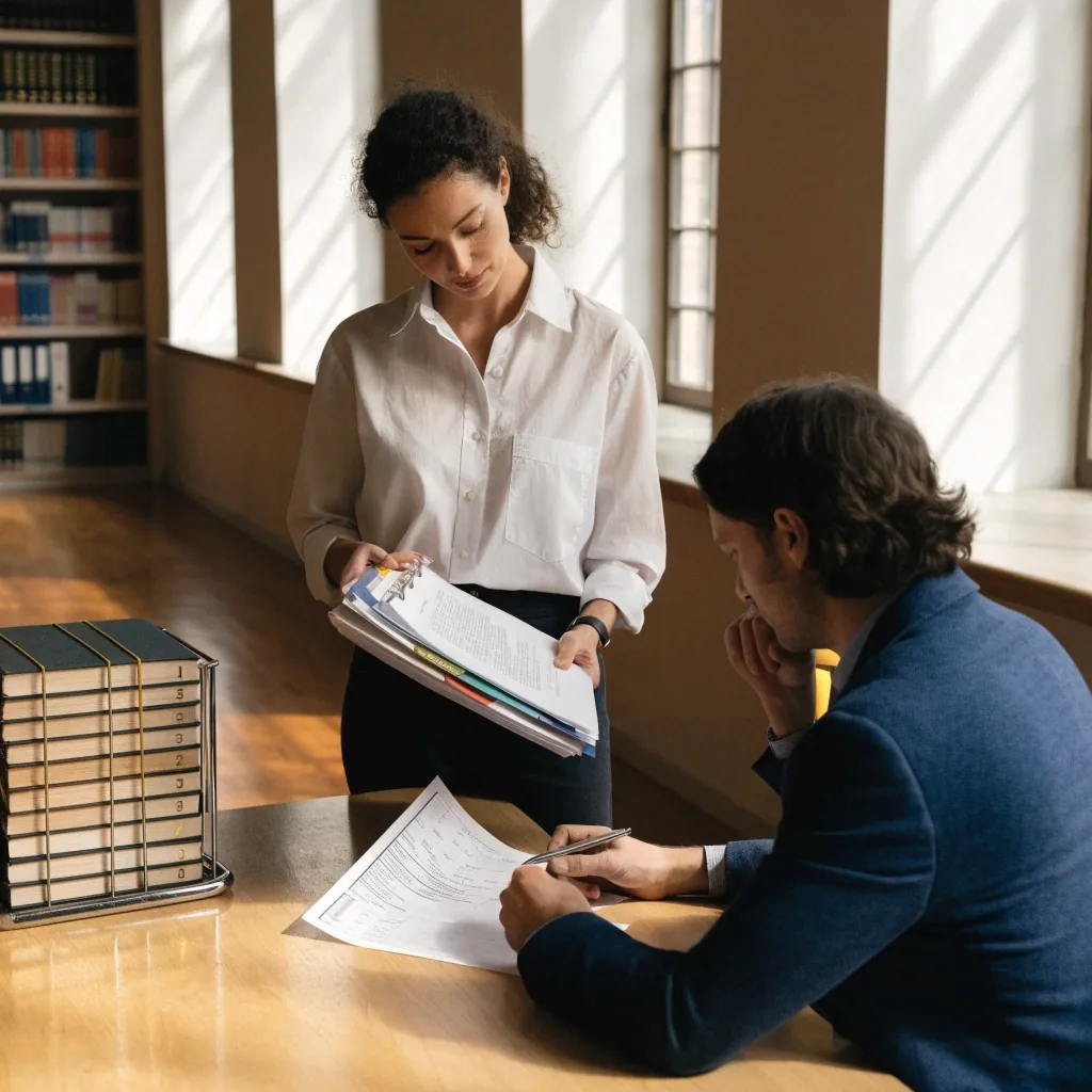 Reader at a library table working through a bound policy volume with a printed checklist