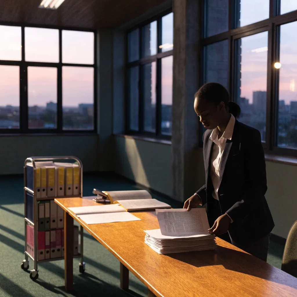 A quiet office corridor at the end of the working day with light spilling from an open door