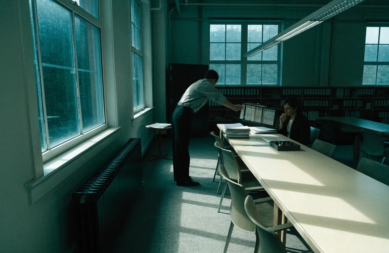 An editor marking up a printed guidance draft at a desk under a warm lamp