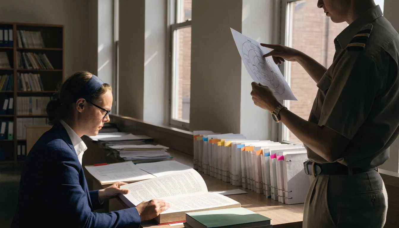 Two staff members comparing a bound policy volume with a printed circular in a records reading room