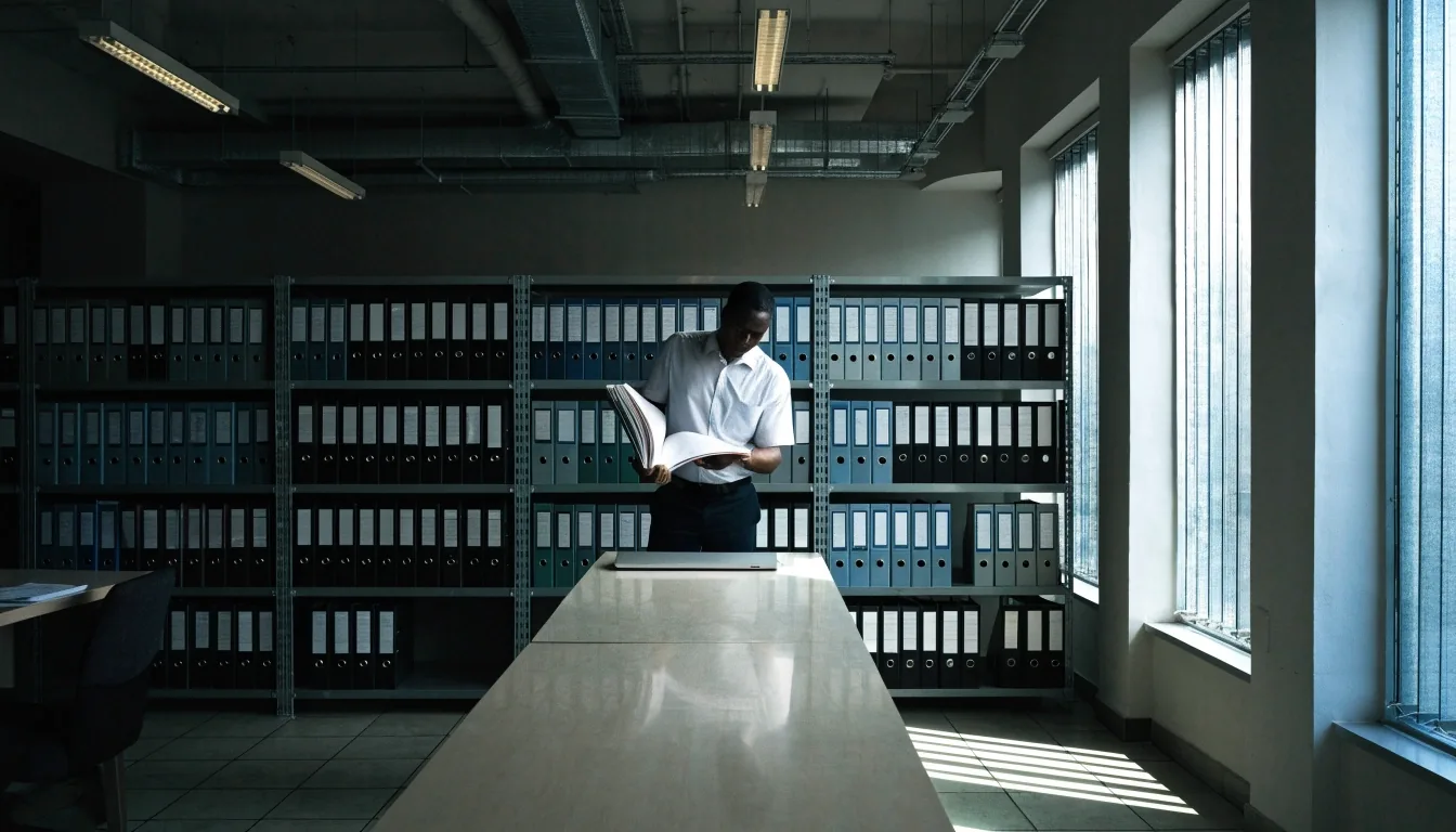 A compliance reviewer annotating a numbered circular beside a laptop at a clean desk with daylight from the side