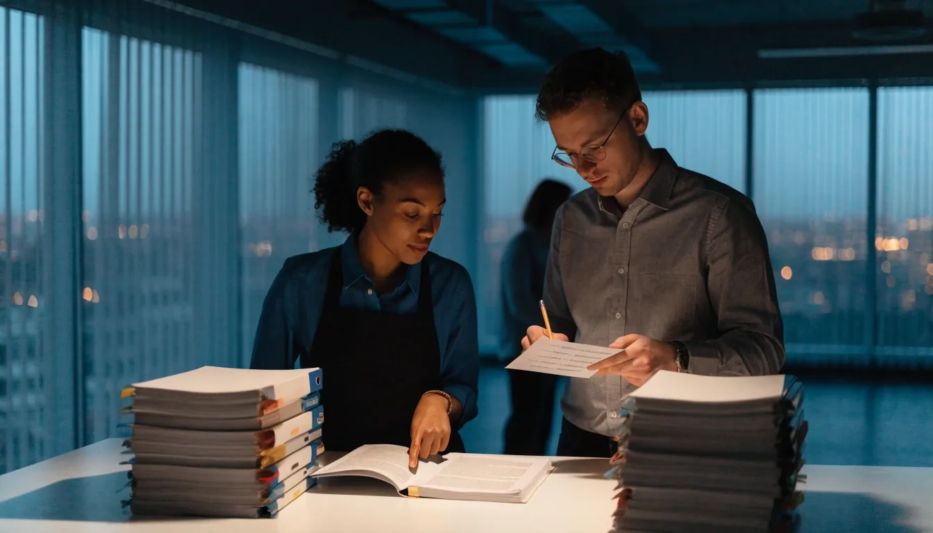 A documentation editor comparing a manual page and a style guide page side by side on a plain desk under desk lamp light