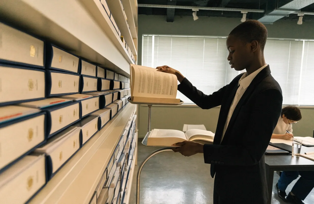 A row of bound policy volumes on a shelf with one pulled forward and open on a stand below