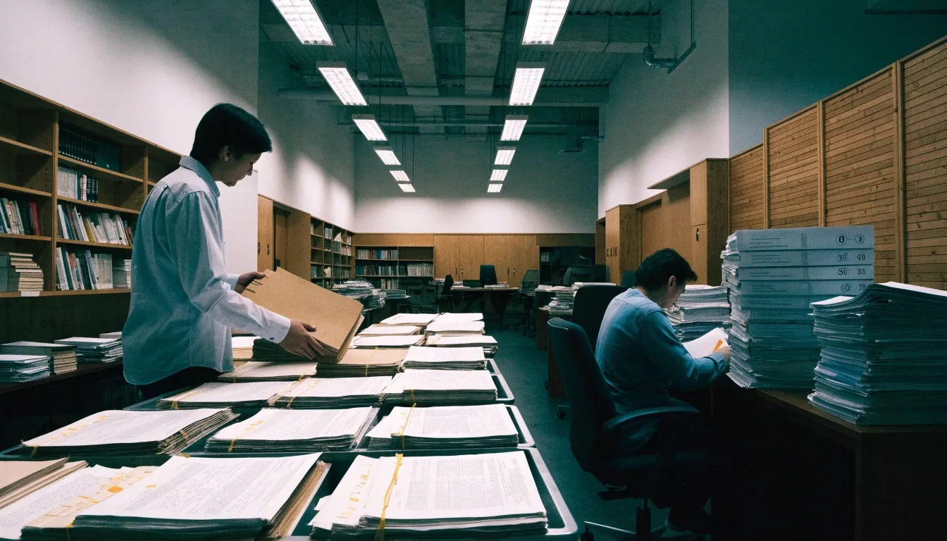 Two staff at a plain office table comparing an open policy manual with a numbered circular while a colleague organizes reference binders on a shelf