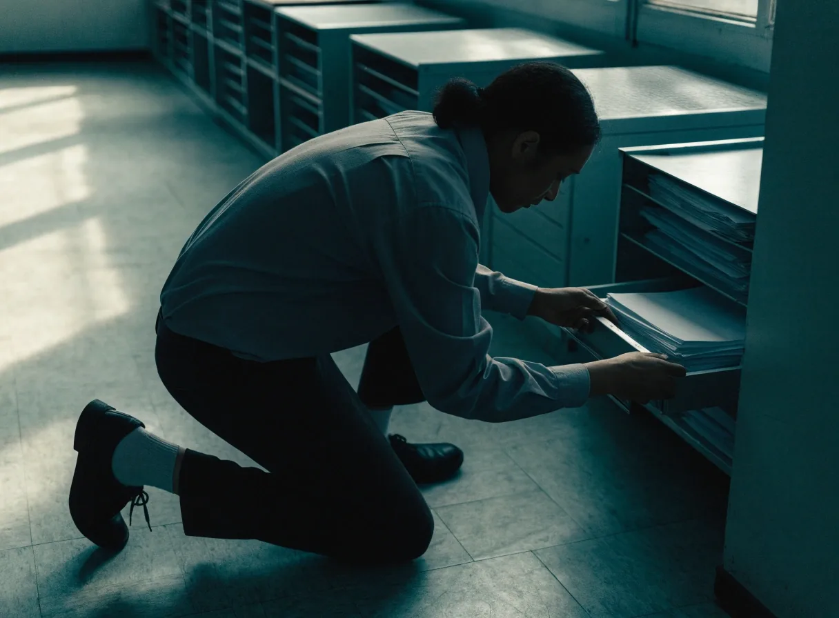 Archival shelving with a half-open drawer of filed pages in cool window light