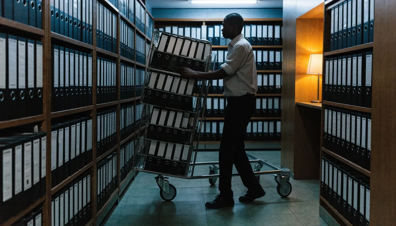 Bound policy volumes on shelving in a quiet documentation office lit by a single desk lamp