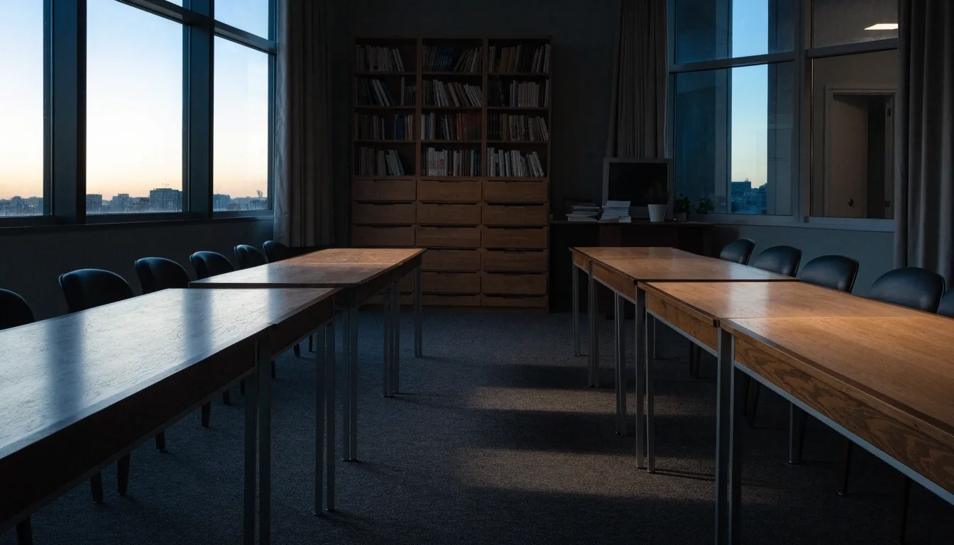 Empty policy reading room at dusk with long tables and tall windows