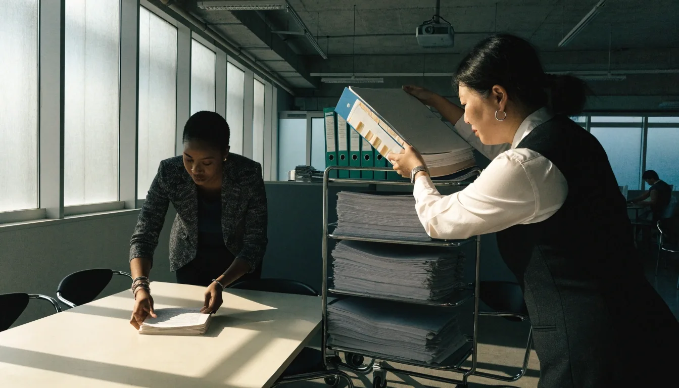 Two people sorting printed policy pages into stacks on a long table in a daylight meeting room