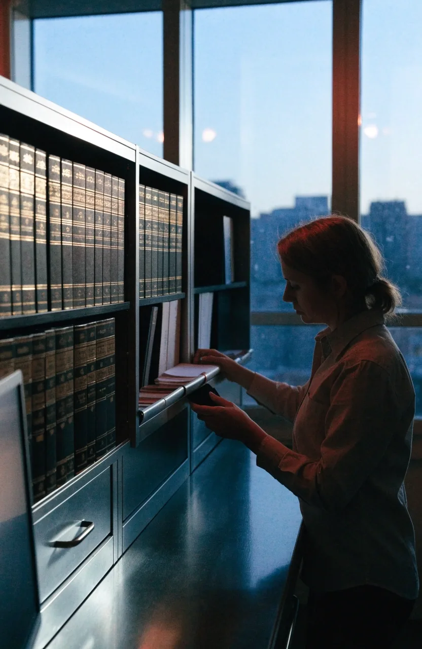 A quiet government records reading room in the evening with one closed folder on a long table
