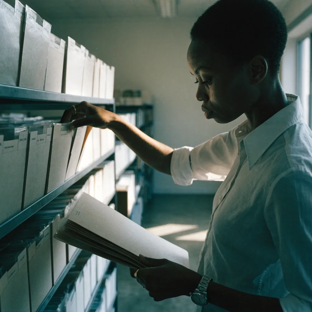 A policy analyst comparing two printed documents side by side at a desk in a quiet office