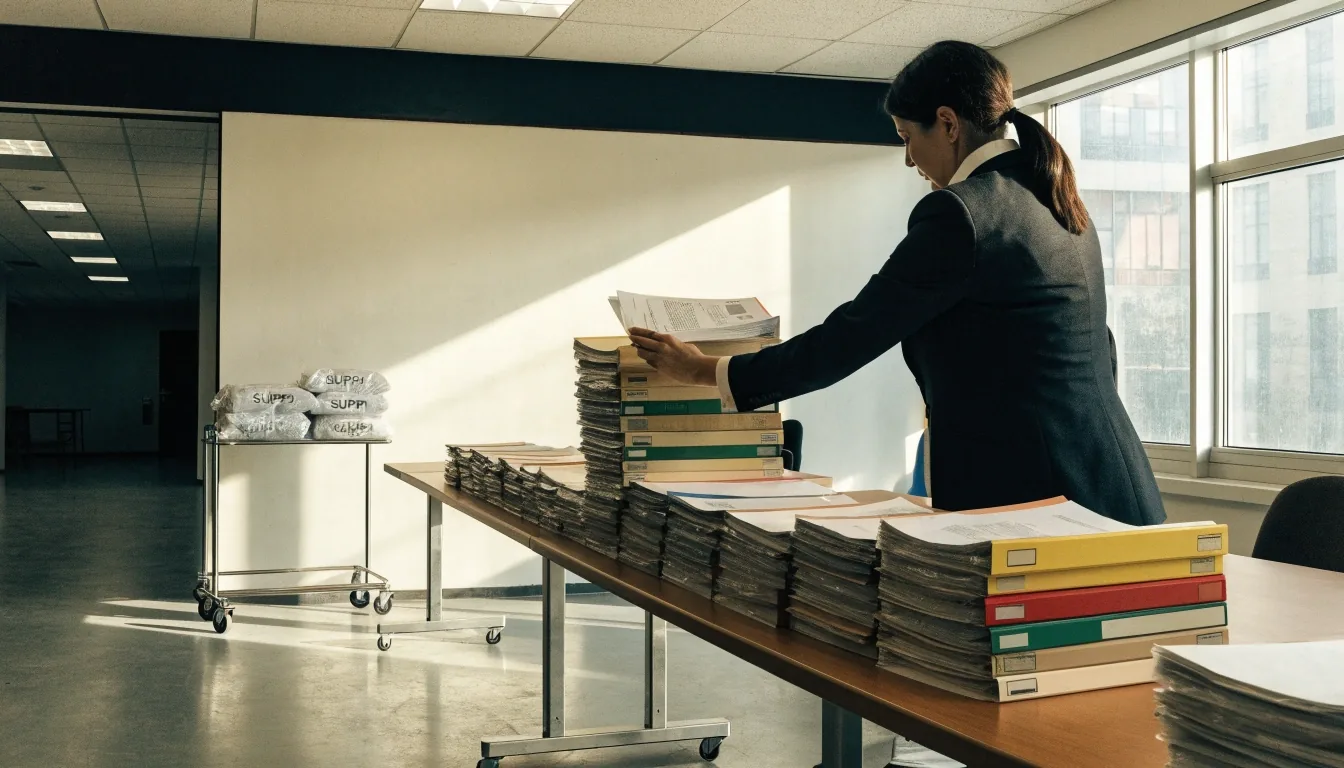 A person reviewing an open rulemaking dossier with supporting attachments spread across a government office table