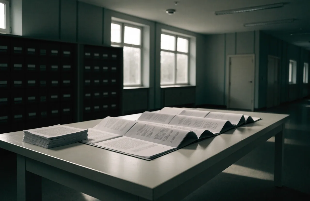 An open bound docket folder on a desk with a small stack of printed attachments beside it