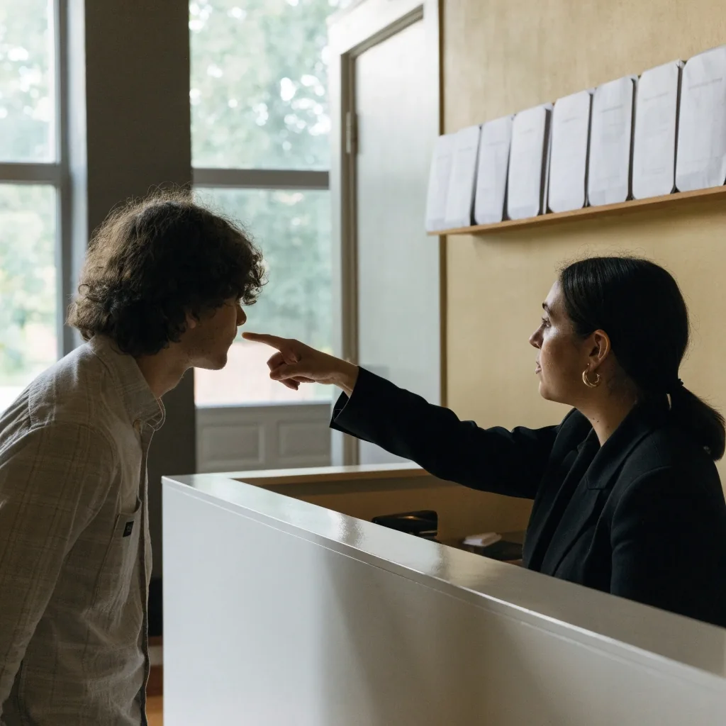 A staff member helping a visitor at a public information desk