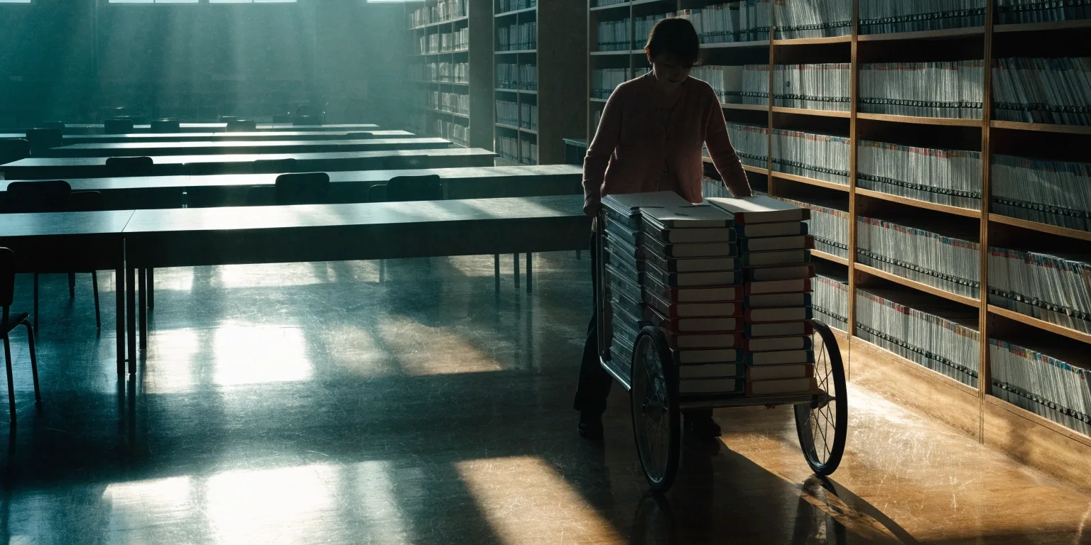 A quiet civic records reading room in late afternoon light