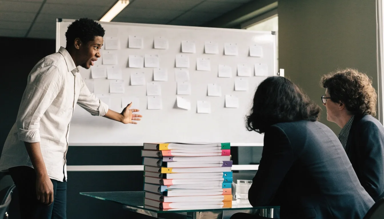 An editorial team meeting around a table of printed binders