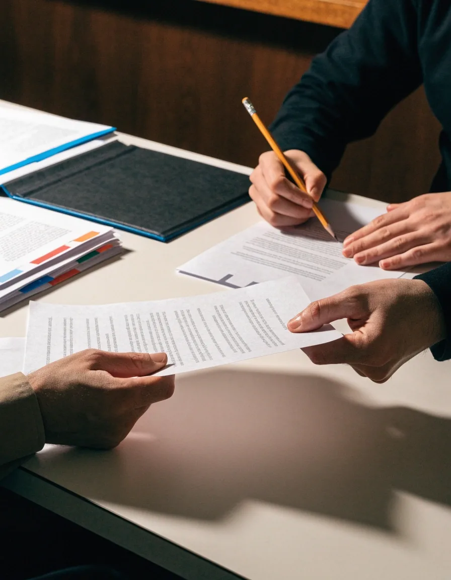 Hands passing a printed policy draft across a review desk