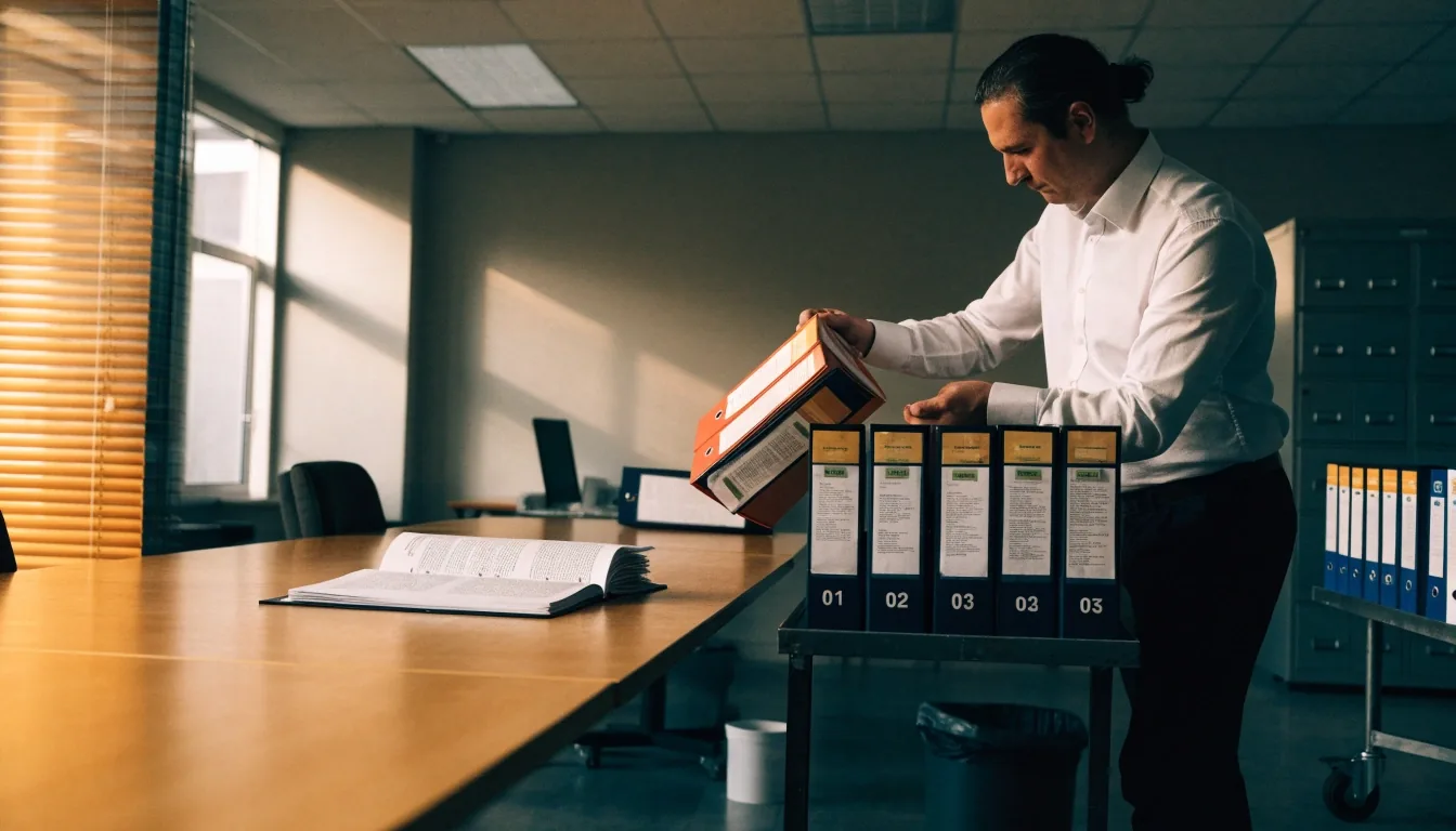 Reviewers working through printed council style guidance at a long reference table