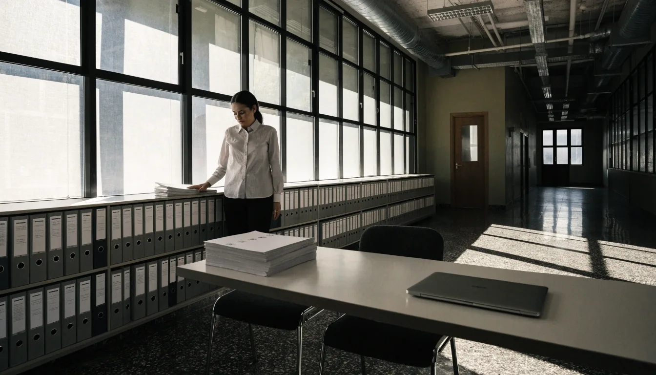 A daylight documentation office corner with a closed laptop, bound manuals, and a person looking out of the window
