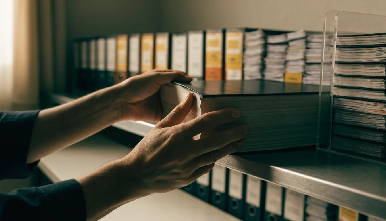 Policy analyst reviewing a bound volume of administrative policy at a desk in a quiet office
