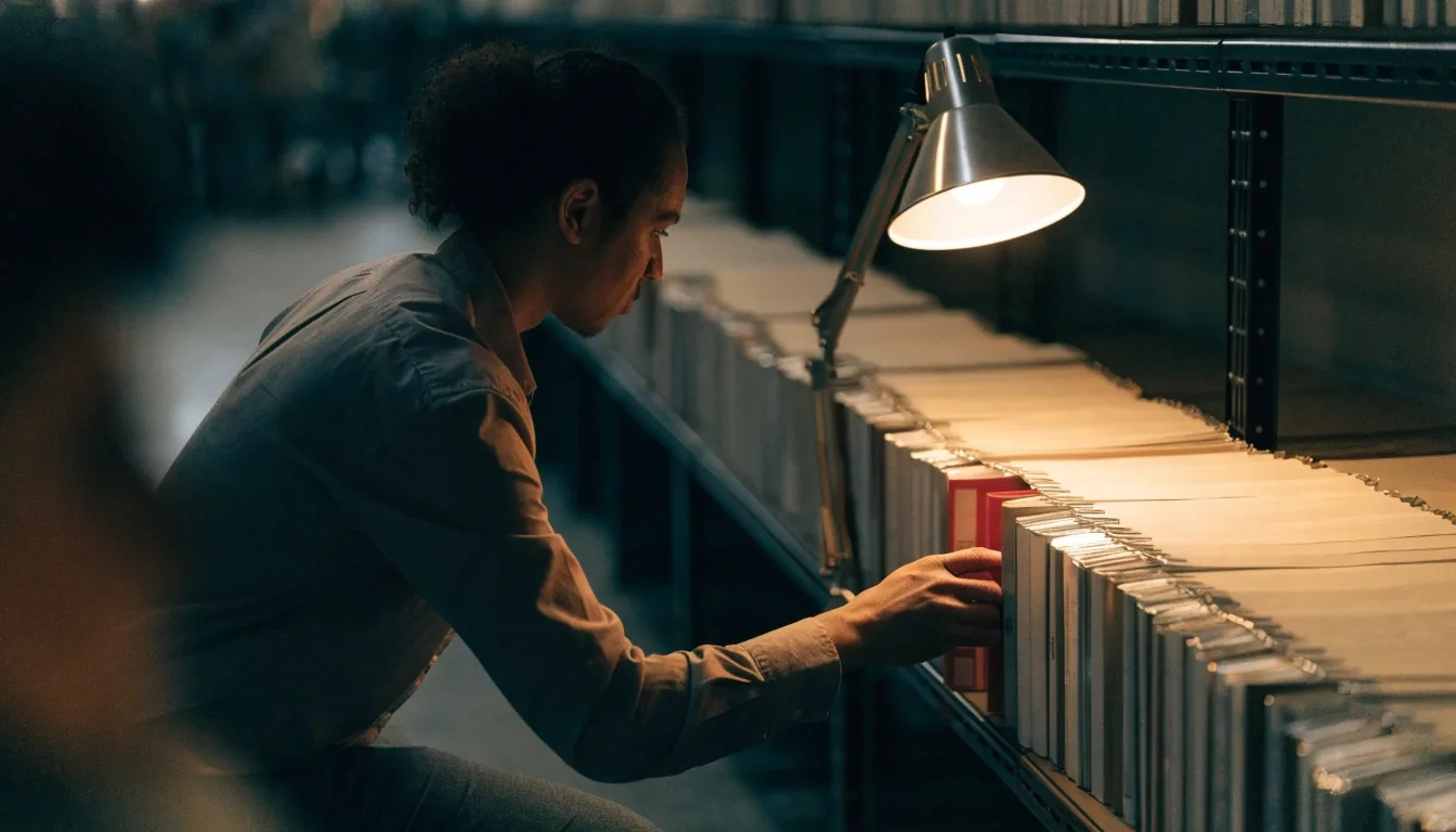 Quiet reading room at dusk with an open policy volume under a reading lamp